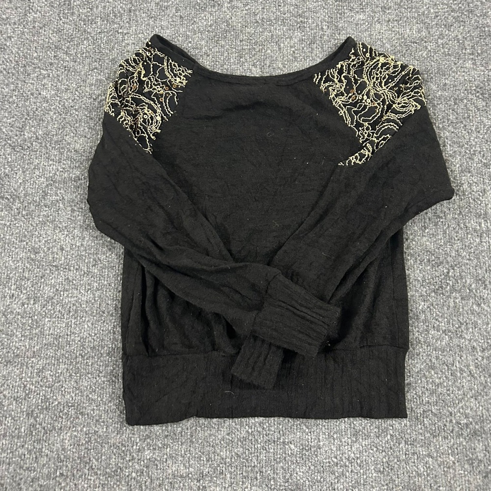 Vivace Top Womens Size M Black Gold Lace Sequin Shoulder Long Sleeve